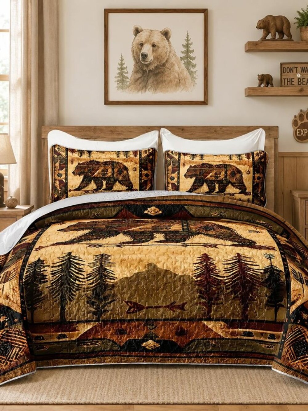 Brown Bear Quilts Set Queen Size,3Pcs Bedding with 2 Pillowcases.